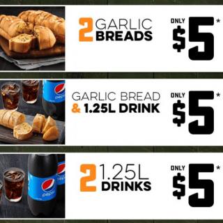 DEAL: Domino’s – 2 Garlic Breads $5, 2 1.25L Drinks $5, Garlic Bread + 1.25L Drink $5 2
