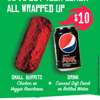 DEAL: Mad Mex - $10 Chicken or Veggie Small Burrito + Drink 1