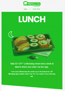 DEAL: Menulog - $7 off between 12am-5pm (New Code Every Week in March) 1