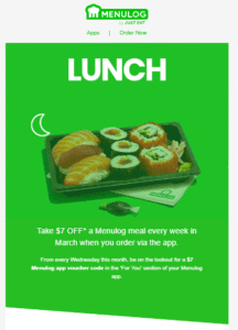 DEAL: Menulog - $7 off between 12am-5pm (New Code Every Week in March) 1 DEAL: Menulog - $7 off between 12am-5pm (New Code Every Week in March) 1