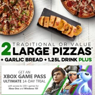 DEAL: Domino's Gaming Bundle - 2 Pizzas, Garlic Bread, 1.25L Drink & 14 Days Xbox Game Pass Ultimate for $27.95 Pickup/$34.95 Delivered 9 DEAL: Domino's Gaming Bundle - 2 Pizzas, Garlic Bread, 1.25L Drink & 14 Days Xbox Game Pass Ultimate for $27.95 Pickup/$34.95 Delivered 9