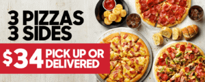 DEAL: Pizza Hut - 3 Large Pizzas + 3 Sides $34 Delivered & more 1