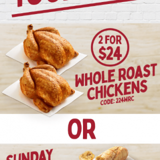 DEAL: Red Rooster - 2 Roast Chickens for $24 Delivered or Sunday Family Roast $29.95 Delivered 1