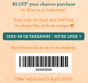 DEAL: San Churro - $5 off Selected Churro Items (until 5 April 2020) 1 DEAL: San Churro - $5 off Selected Churro Items (until 5 April 2020) 1