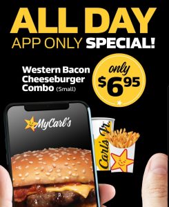 DEAL: Carl's Jr App - $6.95 Western Bacon Cheeseburger Combo, $2.95 Shake (2-5pm), $3 for 3 Chicken Tenders (2-5pm) 10