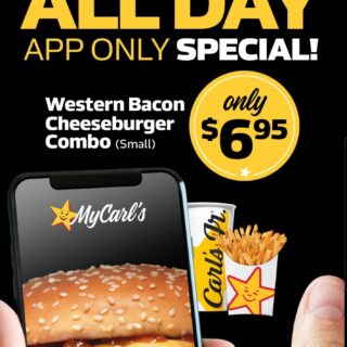 DEAL: Carl's Jr App - $6.95 Western Bacon Cheeseburger Combo, $2.95 Shake (2-5pm), $3 for 3 Chicken Tenders (2-5pm) 2 DEAL: Carl's Jr App - $6.95 Western Bacon Cheeseburger Combo, $2.95 Shake (2-5pm), $3 for 3 Chicken Tenders (2-5pm) 2