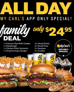 DEAL: Carl's Jr App - $24.95 Family Deal (4 Burgers/Drinks/Fries/2 Sundaes/2 Cookies), $1 Small Fries (2-5pm), $2 Small Sundae (2-5pm) 10