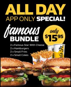DEAL: Carl's Jr App - $15.95 Famous Bundle, $2.95 Shake (2-5pm), $3 for 3 Chicken Tenders (2-5pm) 7