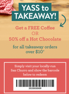 DEAL: San Churro - Free Coffee or 50% off Hot Chocolate for Takeaway Orders over $10 (until 30 April 2020) 2 DEAL: San Churro - Free Coffee or 50% off Hot Chocolate for Takeaway Orders over $10 (until 30 April 2020) 2