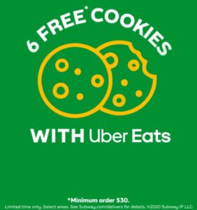 DEAL: Subway - 6 Free Cookies with $30 Spend via Uber Eats 9 DEAL: Subway - 6 Free Cookies with $30 Spend via Uber Eats 2