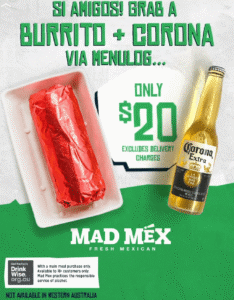 DEAL: Mad Mex - $20 Burrito + Corona via Menulog 4