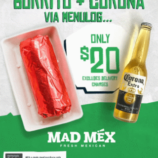 DEAL: Mad Mex - $20 Burrito + Corona via Menulog 5