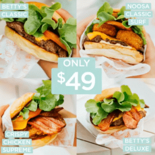 DEAL: Betty's Burgers - Betty’s Classic, Crispy Chicken Supreme, Betty’s Deluxe and Noosa Classic Surf for $49 (Normally $56.50) 6