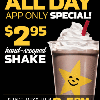 DEAL: Carl's Jr App - $2.95 Shake, $3 Double Cheeseburger (2-5pm), $4 Veggie Star Burger (2-5pm) 5