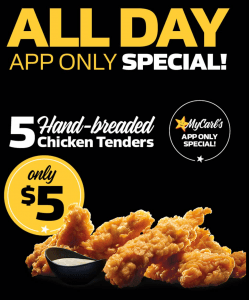 DEAL: Carl's Jr App - 5 Tenders for $5, $3 Double Cheeseburger (2-5pm), $2 Cookie Sandwich (2-5pm) 10