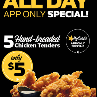 DEAL: Carl's Jr App - 5 Tenders for $5, $3 Double Cheeseburger (2-5pm), $2 Cookie Sandwich (2-5pm) 9