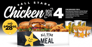 DEAL: Carl's Jr - $28.95 All Star Chicken Box for 4 (Hawaiian Chicken, 2 Chicken Fillet Burgers, 3 Tenders, 4 Fries, 4 Cokes) 10