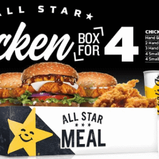 DEAL: Carl's Jr - $28.95 All Star Chicken Box for 4 (Hawaiian Chicken, 2 Chicken Fillet Burgers, 3 Tenders, 4 Fries, 4 Cokes) 9