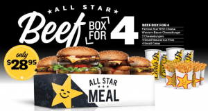 DEAL: Carl's Jr - $28.95 All Star Beef Box for 4 (Famous Star, Western Bacon Cheeseburger, 2 Cheeseburgers, 4 Fries, 4 Cokes) 10