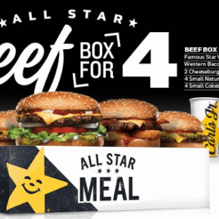 DEAL: Carl's Jr - $28.95 All Star Beef Box for 4 (Famous Star, Western Bacon Cheeseburger, 2 Cheeseburgers, 4 Fries, 4 Cokes) 10