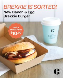 DEAL: The Coffee Club - $10.90 Bacon & Egg Brekkie Burger + Small Coffee Combo 5