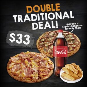 DEAL: Pizza Capers - 2 Large Traditional Pizzas, Calzone & 1.25L Drink for $33 + More Deals 3
