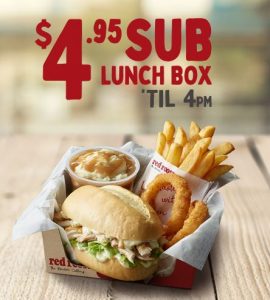 DEAL: Red Rooster - $4.95 Sub Lunch until 4pm (Sub, 2 Onion Rings, Small Chips, Mash & Gravy) 3