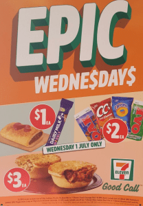 DEAL: 7-Eleven Epic Wednesdays - $1 Snack Sausage Roll/Cadbury Marble, $2 600ml Oak/Cheezels/CC's, $3 Pies 5