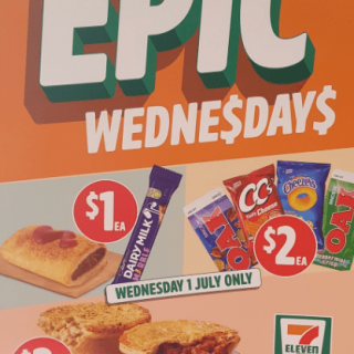 DEAL: 7-Eleven Epic Wednesdays - $1 Snack Sausage Roll/Cadbury Marble, $2 600ml Oak/Cheezels/CC's, $3 Pies 6