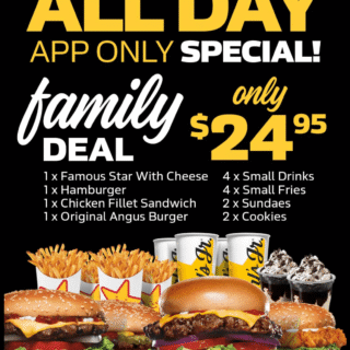 DEAL: Carl's Jr App - $24.95 Family Deal, $2.95 Small Shake (2-5pm), $3 Double Cheeseburger (2-5pm) 8 DEAL: Carl's Jr App - $24.95 Family Deal, $2.95 Small Shake (2-5pm), $3 Double Cheeseburger (2-5pm) 8