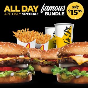 DEAL: Carl's Jr App - $15.95 Famous Bundle with 4 Burgers + 2 Small Fries + 2 Small Cokes, $3 for 6 Star Nuggets, Free Drink Refills 10