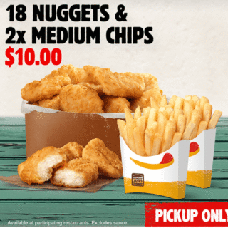 DEAL: Hungry Jack's App - 18 Nuggets and 2 Medium Chips for $10 (until 22 June 2020) 3 DEAL: Hungry Jack's App - 18 Nuggets and 2 Medium Chips for $10 (until 22 June 2020) 3