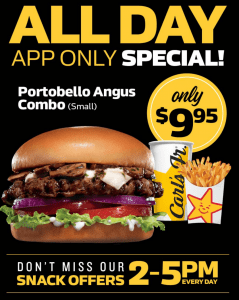 DEAL: Carl's Jr App - $9.95 Small Portobello Mushroom Angus Combo, $1 Small Fries (2-5pm), $2 Sundae (2-5pm) 10