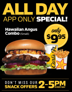 DEAL: Carl's Jr App - $9.95 Small Hawaiian Angus Combo, $3 Double Cheeseburger (2-5pm), $2.95 Ice Cream Shake (2-5pm) 10