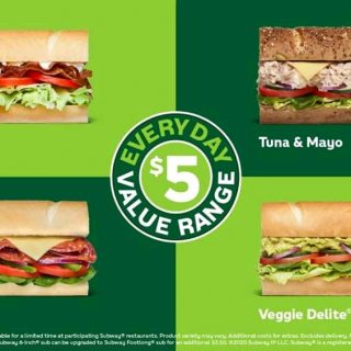 DEAL: Subway - $5 Everyday Value Range Six-Inch or $8.50 Footlong (BLT, Tuna, Pizza Veggie Delite, Seafood Sensation) 2