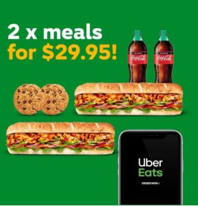 DEAL: Subway - $31.95 Meal for Two via Uber Eats with 2 Footlongs, 2 Cookies & 2 600ml Drinks 11 DEAL: Subway - $31.95 Meal for Two via Uber Eats with 2 Footlongs, 2 Cookies & 2 600ml Drinks 2