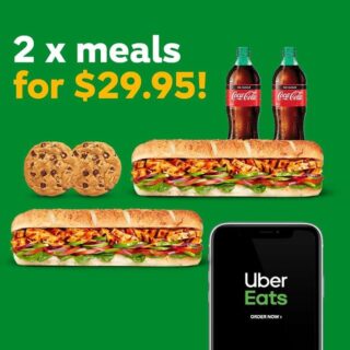 DEAL: Subway - $31.95 Meal for Two via Uber Eats with 2 Footlongs, 2 Cookies & 2 600ml Drinks 4 DEAL: Subway - $31.95 Meal for Two via Uber Eats with 2 Footlongs, 2 Cookies & 2 600ml Drinks 4
