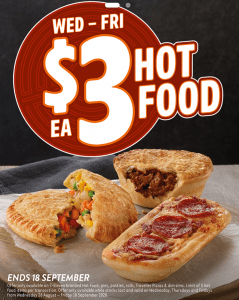 DEAL: 7-Eleven – $3 Hot Food (Pies, Rolls, Pizzas, Burritos, Pasties & Dim Sims) on Wednesdays, Thursdays & Fridays 5