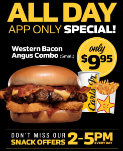 DEAL: Carl's Jr App - $9.95 Western Bacon Angus Combo, $1 Small Fries (2-5pm), $2.95 Shake (2-5pm) 10