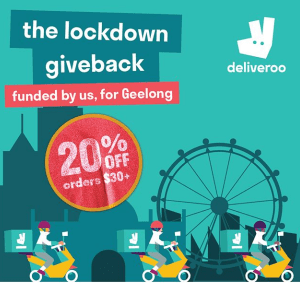 DEAL: Deliveroo - 20% off Orders over $30 at Participating Geelong Restaurants on Monday to Thursday 5
