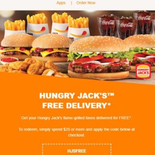 DEAL: Hungry Jack's - Free Delivery for Orders over $25 via Menulog (until 30 August 2020) 9 DEAL: Hungry Jack's - Free Delivery for Orders over $25 via Menulog (until 30 August 2020) 9