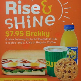 DEAL: Subway - $7.95 Brekky with Six Inch Breakfast Sub, Cookie & Juice or Regular Coffee 2
