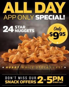 DEAL: Carl's Jr App - 24 Star Nuggets for $9.95, $1 Small Fries (2-5pm), $2.95 Shake (2-5pm) 10