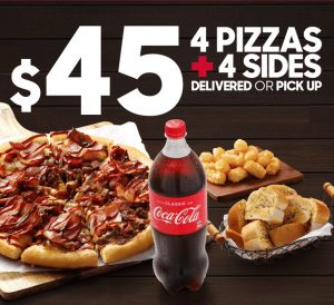 DEAL: Pizza Hut - 4 Large Pizzas + 4 Sides $45 Delivered, 2 Large Pizzas + 2 Sides $24.80 Pickup/$29.95 Delivered & More 3