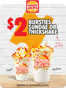DEAL: Hungry Jack's App - $2 Rainbow Bursties Sundae or Rainbow Bursties Thickshake (until 26 October 2020) 29 DEAL: Hungry Jack's App - $2 Rainbow Bursties Sundae or Rainbow Bursties Thickshake (until 26 October 2020) 1