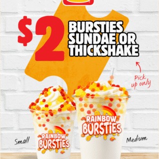 DEAL: Hungry Jack's App - $2 Rainbow Bursties Sundae or Rainbow Bursties Thickshake (until 26 October 2020) 8 DEAL: Hungry Jack's App - $2 Rainbow Bursties Sundae or Rainbow Bursties Thickshake (until 26 October 2020) 8