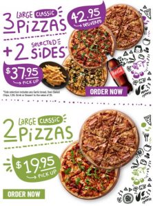 DEAL: Crust - 2 Large Classic Pizzas $19.95 Pickup, 3 Large Classic Pizzas + 2 Selected Sides $37.95 Pickup / $42.95 Delivered 6