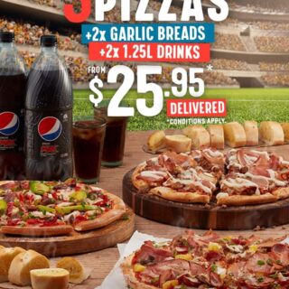 DEAL: Domino's - 3 Large Pizzas, 2 Garlic Breads & 2 1.25L Drinks for $25.95 Delivered via Facebook 7 DEAL: Domino's - 3 Large Pizzas, 2 Garlic Breads & 2 1.25L Drinks for $25.95 Delivered via Facebook 7