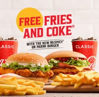 DEAL: McDonald's - Free Small Fries and Coke with McSpicy Burger or Parmi Burger Purchase 6 DEAL: McDonald's - Free Small Fries and Coke with McSpicy Burger or Parmi Burger Purchase 6