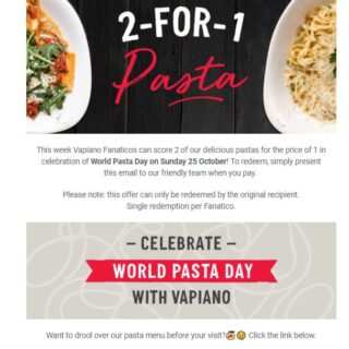 DEAL: Vapiano - 2 For 1 Pasta (until 26 October 2020) 2